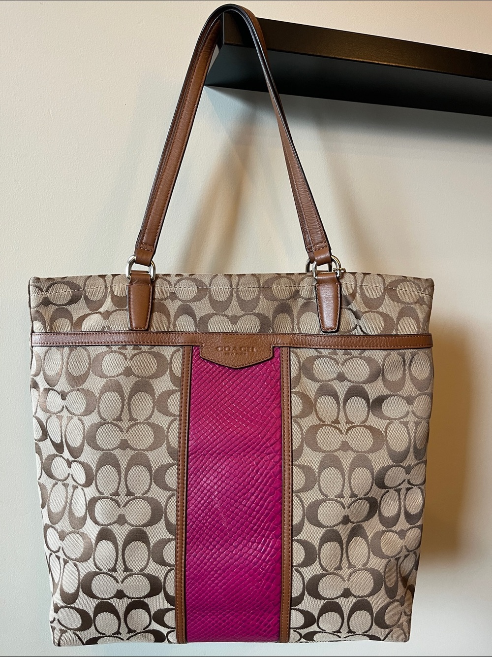 Coach Signature Snake Print Tote with Bright Pink Center Stripe and Tan Trim
